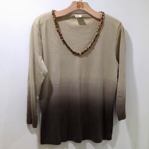 DB Life Dana Buchman Ombre Stone V-Neck 3/4 Sleeve Sweater Top Brown Wmns Sz M